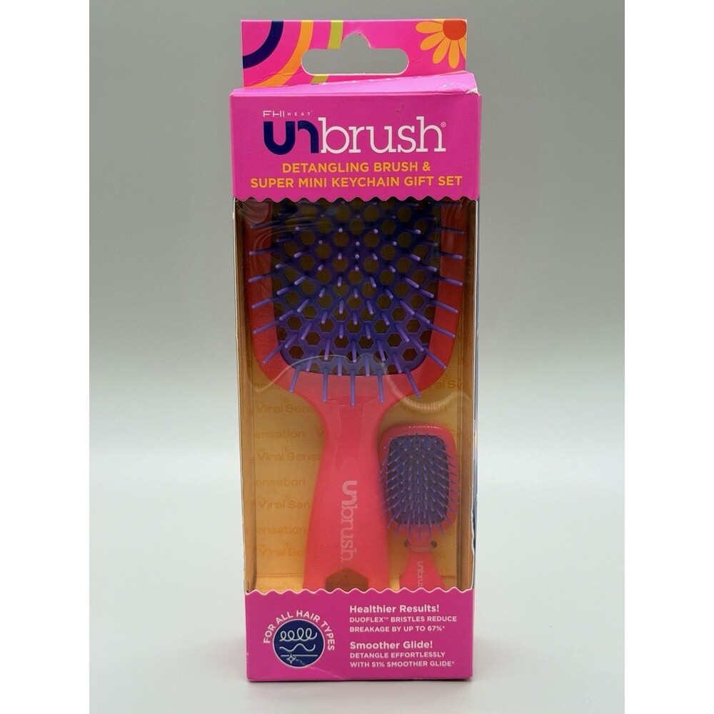 FHI Heat UNbrush Detangling Brush & Mini Keychain Gift Set - Neon Pink - NEW